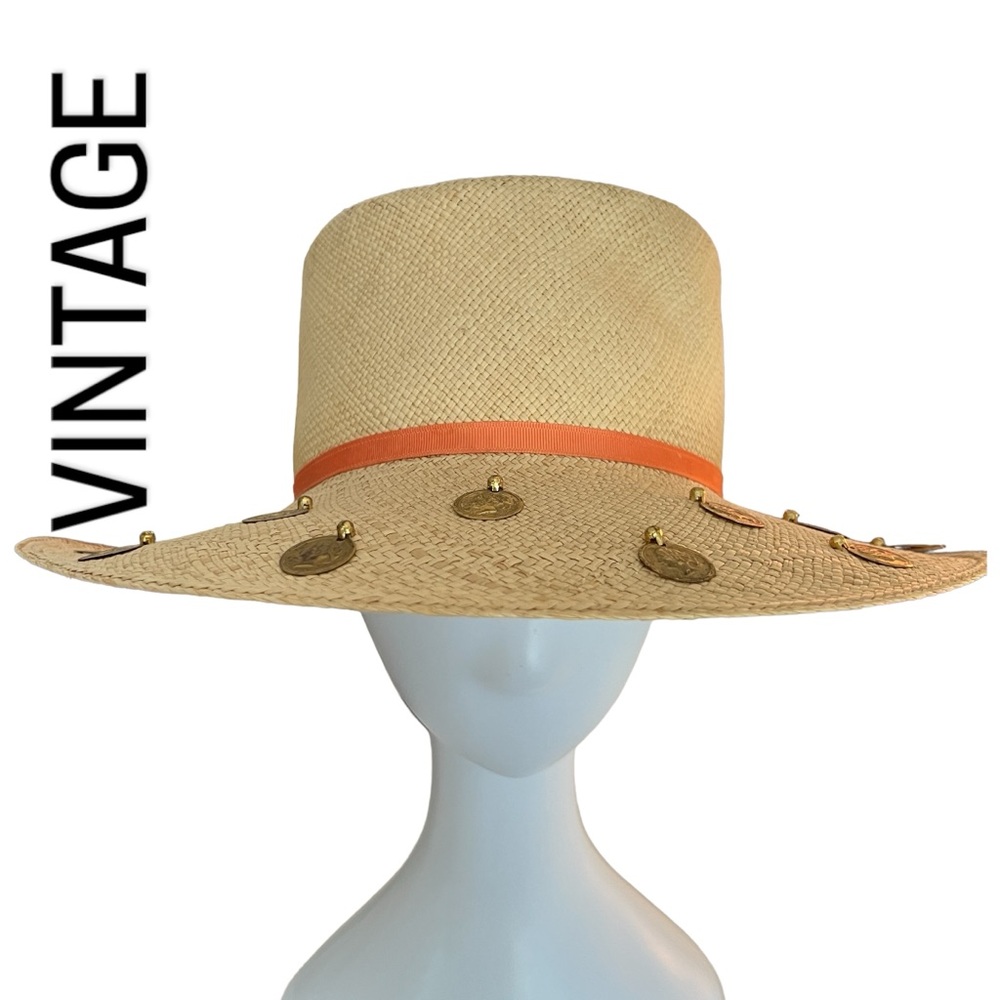 VINTAGE 60s Therese Ahrens Ecuador Straw Sun Hat Gold Coin Statement - Picture 3 of 14